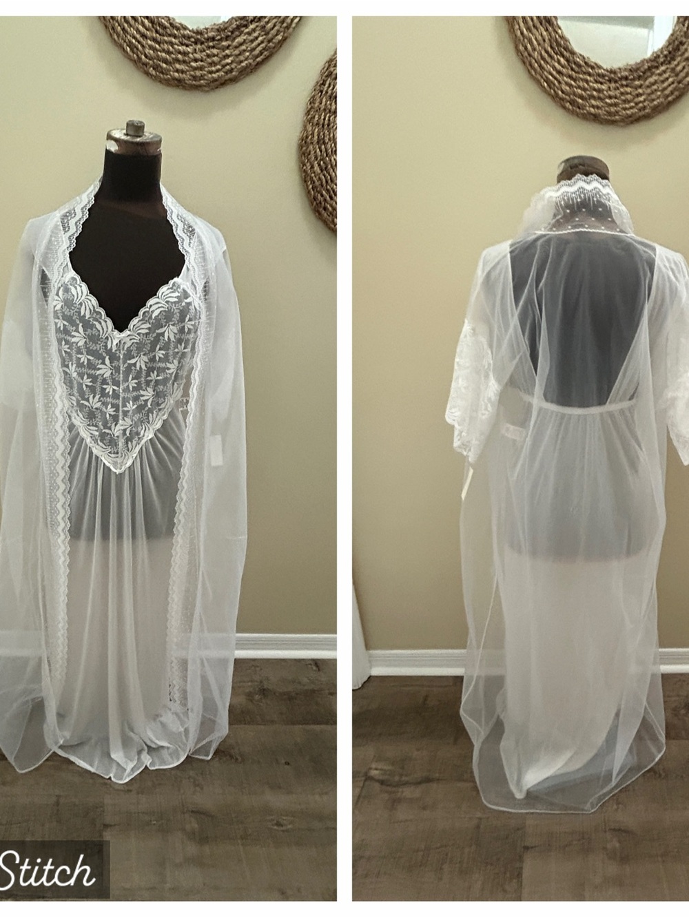 VINTAGE LATAISA Peignoir Nylon Chiffon Lace Nightgown Robe Set Wedding White NEW